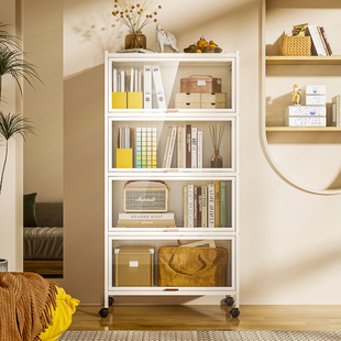 可移动用书柜带轮落地置物架带门防尘书架一体靠墙铁艺收纳柜子
