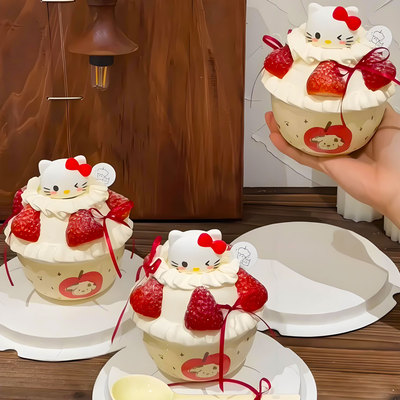kt猫草莓陶瓷碗圣诞节蛋糕装饰