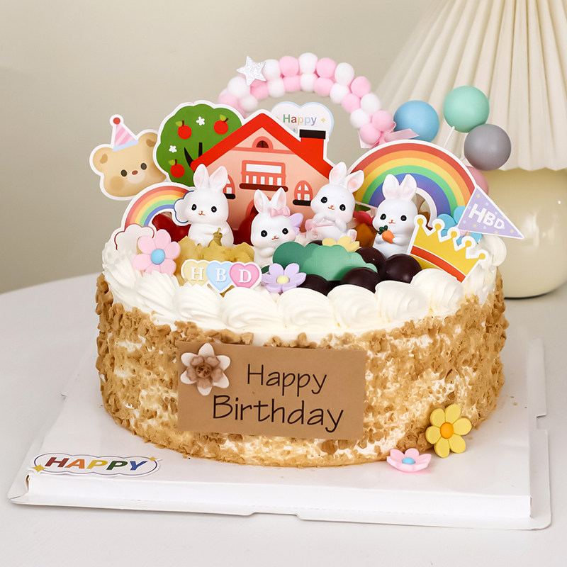 网红山姆蛋糕装饰DIY树脂呆萌胡萝卜蝴蝶结兔子气球彩虹生日摆件