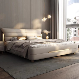 意式极简真皮床高端大气软包双人主卧大床现代简约轻奢皮床储物床