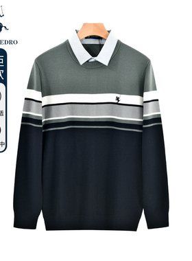 保罗彼得秋季男士假两件衬衫领针织衫保暖商务休闲毛衣MLCD39660