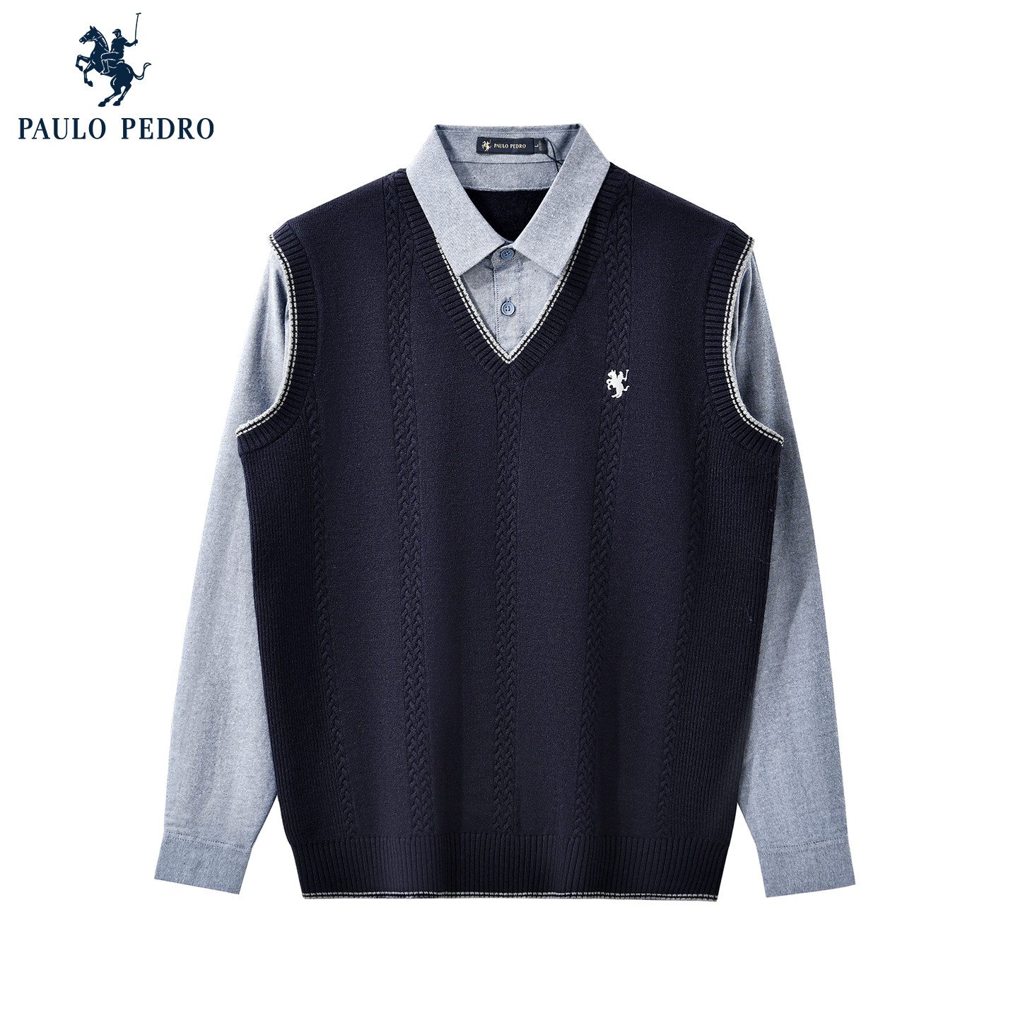 保罗彼得2025秋冬新款男假两件衬衫马甲针织衫保暖毛衣TCECZ00380