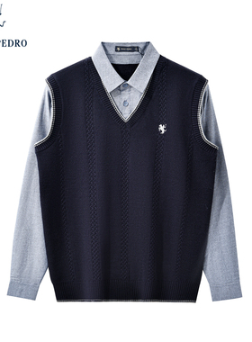 保罗彼得2025秋冬新款男假两件衬衫马甲针织衫保暖毛衣TCECZ00380