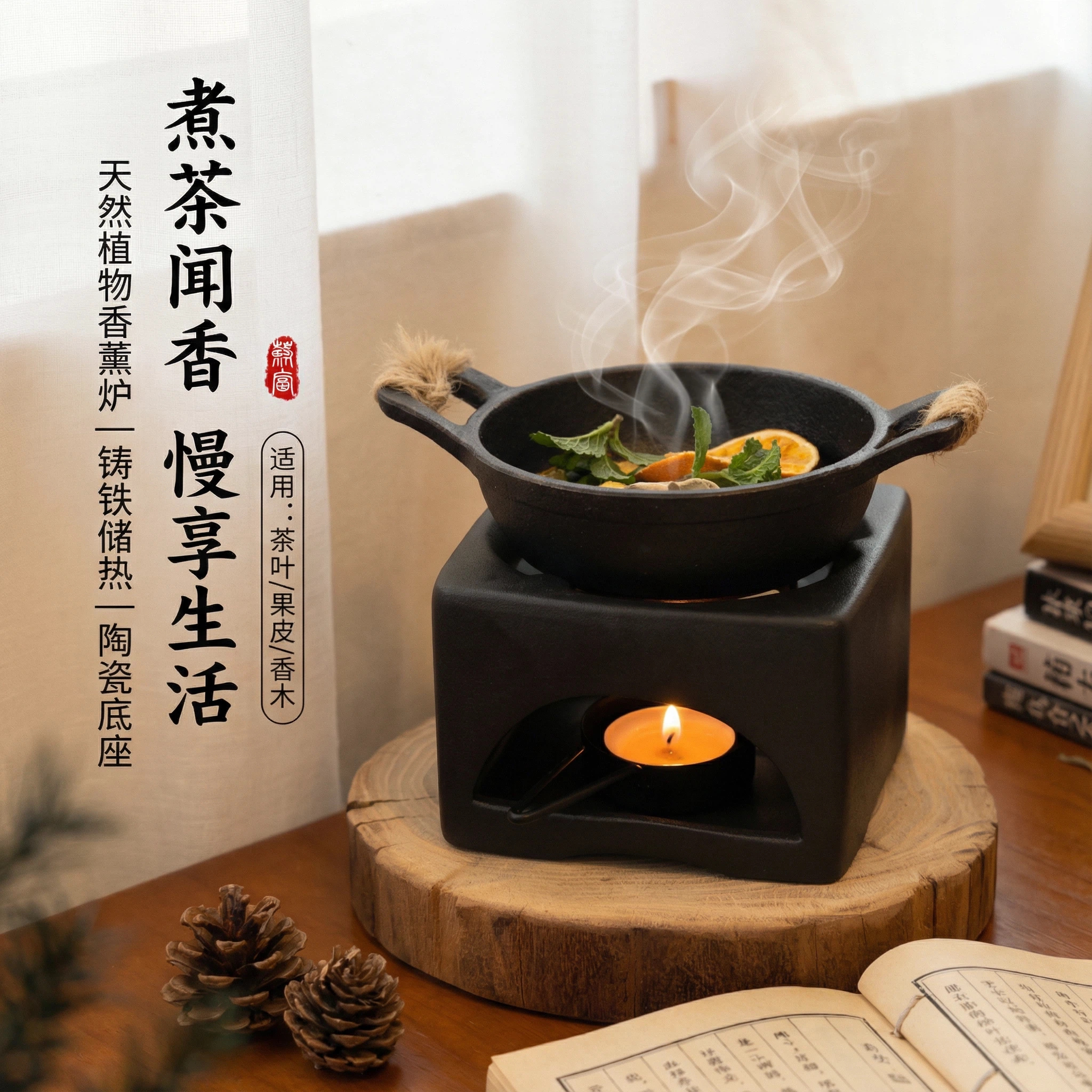 铁锅熏香烤炉坚果围炉煮茶雪松植物熏香炉净化空气香炉陶瓷香炉