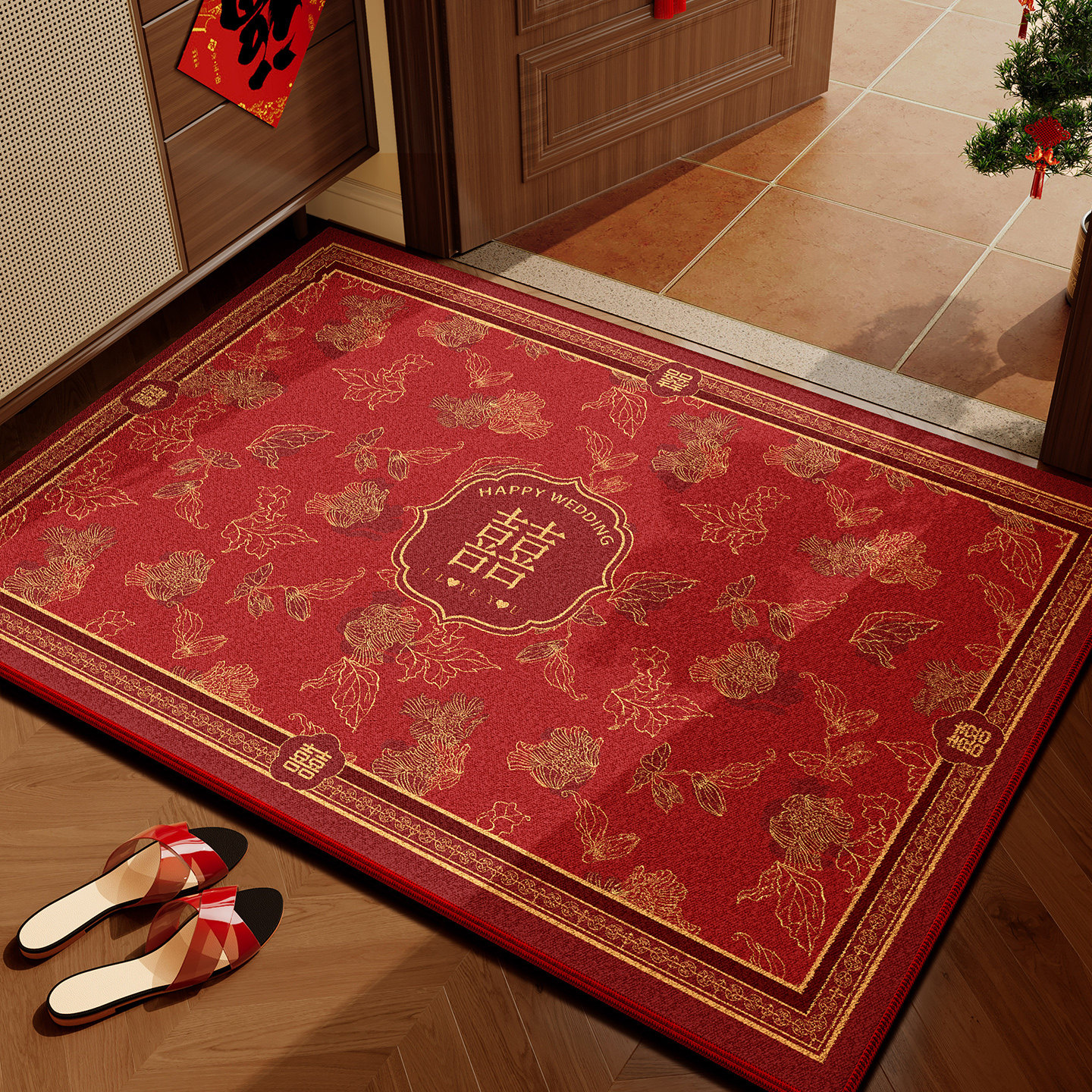 结婚入户门地垫新中式氛围婚房门口喜字脚垫红色喜庆进门防滑地毯,居家布艺,入户地垫,淘宝优惠券,粉丝福利购,淘宝优惠卷
