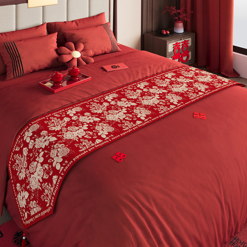 红色结婚床旗婚房喜庆床尾搭巾