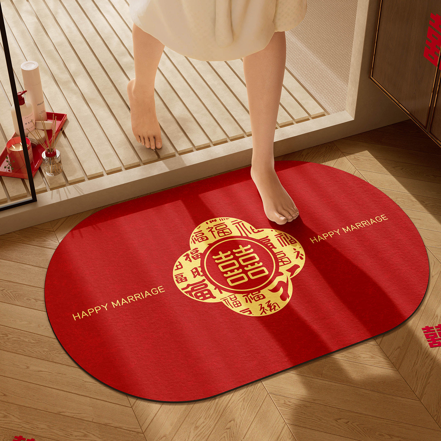 结婚地垫婚房喜庆硅藻泥浴室吸水地毯卫生间红色喜字防滑防摔脚垫,居家布艺,家用脚垫,淘宝优惠券,粉丝福利购,淘宝优惠卷
