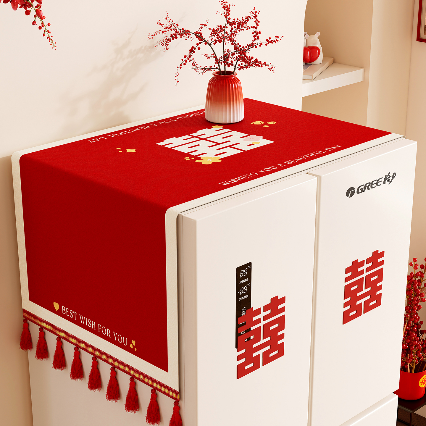 结婚冰箱盖布红色喜庆单双开门