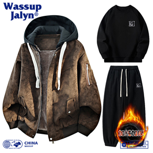 男秋冬复古加厚夹克 高街假两件连帽加绒皮衣套装 WASSUP JALYN美式