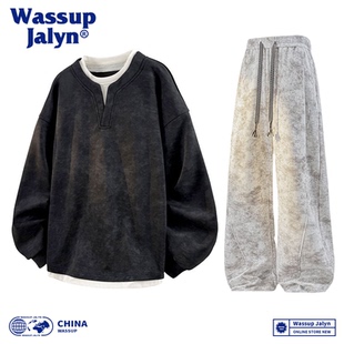 卫衣脏脏长裤 男秋冬宽松大码 情侣两件套 JALYN休闲运动套装 WASSUP