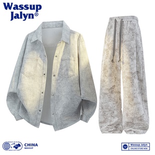 男秋季 套装 美式 复古扎染衬衫 一套 WASSUP 宽松休闲裤 JALYN潮牌长袖