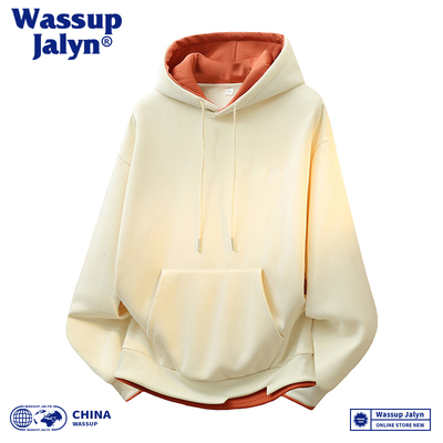 WASSUP JALYN假两件连帽加绒卫衣男秋冬加厚潮牌重磅帽衫宽松外套