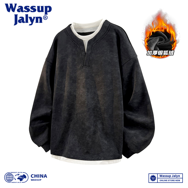 WASSUP JALYN扎染假两件圆领卫衣男士秋冬加绒加厚休闲宽松打底衫