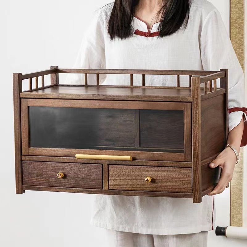 嘉豪发胡桃木双抽屉茶具收纳柜