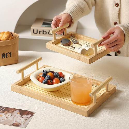中古风托盘木质精致高颜值茶点盘长方形盘家用餐桌收纳盘手提果篮