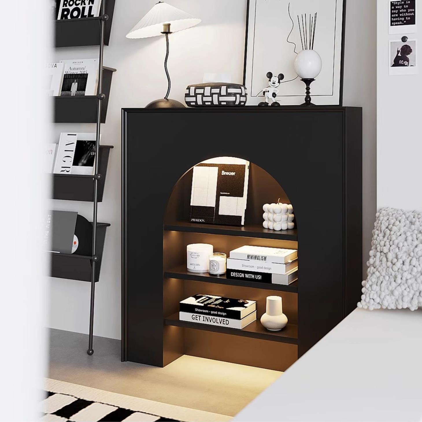 法国点燃壁炉装饰橱柜黑色背景墙走廊显示入口橱柜货架家庭客厅