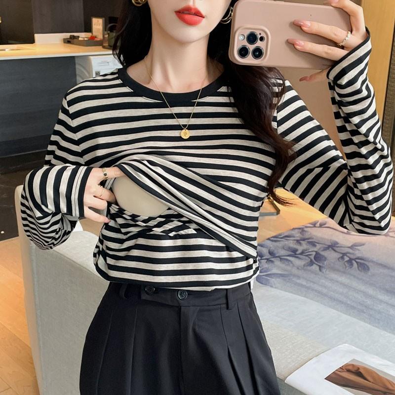 哺乳上衣纯棉条纹上掀式长袖T恤产后辣妈款外出哺乳期内搭月子服