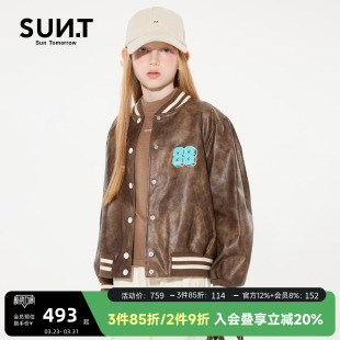 suntomorrow儿童皮衣女童休闲pu外套中大童潮牌棒球服圆领皮夹克