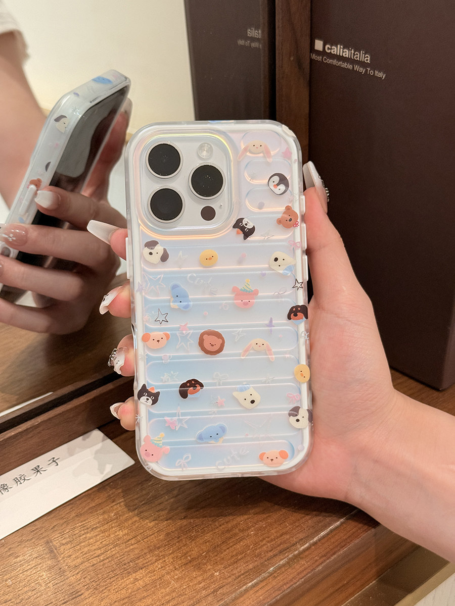 橡胶果子ins卡通二合一镭射彩绘小动物适用iPhone17promax手机壳苹果16pro磨砂不沾指纹15防摔全包硬壳14新款