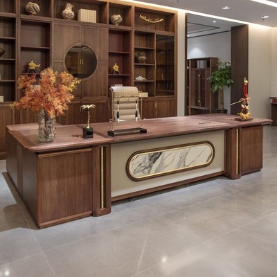 新中式实木老板办公桌高端北美黑胡桃木大班台时尚总裁办公室定制