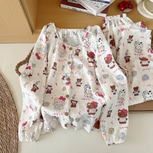 新款 家居服套装 长袖 甜美可爱卡通大码 可外穿 长裤 纯棉睡衣女春秋季