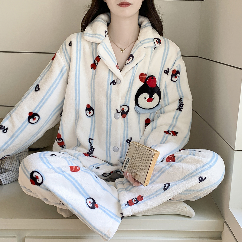 长袖睡衣女秋冬季珊瑚绒加绒加厚