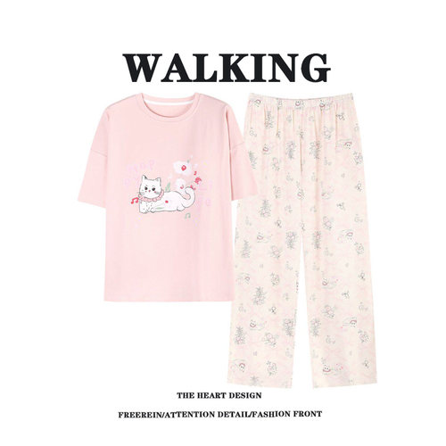 睡衣女款带胸垫纯棉短袖