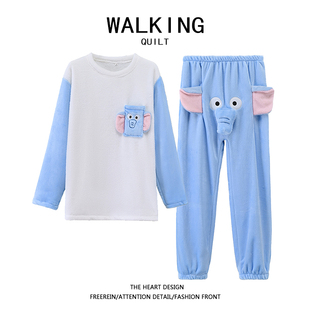 WALKING 大象睡裤男睡衣套装秋冬女款长裤小飞象鼻子吱吱叫休闲裤