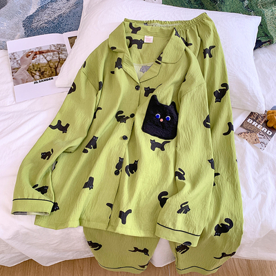 小黑猫长袖长裤睡衣女款