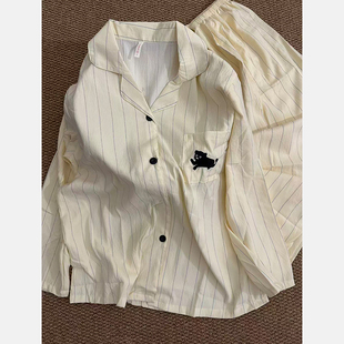 WALKING 条纹ins小黑猫情侣睡衣秋长袖长裤纯棉宽松卡通男家居服