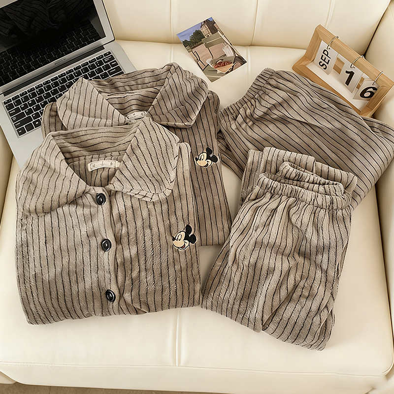 条纹米奇情侣睡衣一男一女秋冬季