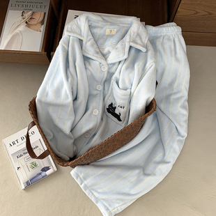 珊瑚绒情侣黑猫睡衣女秋冬季加厚加绒家居服法兰绒可外穿男士套装