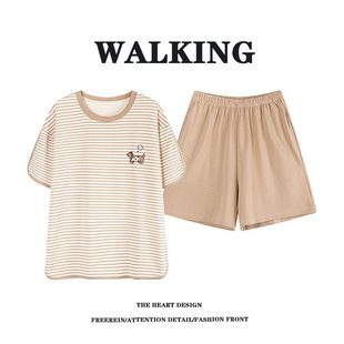 2026年新款 WALKING 条纹卡通可爱家居服套装 短裤 睡衣女夏纯棉短袖