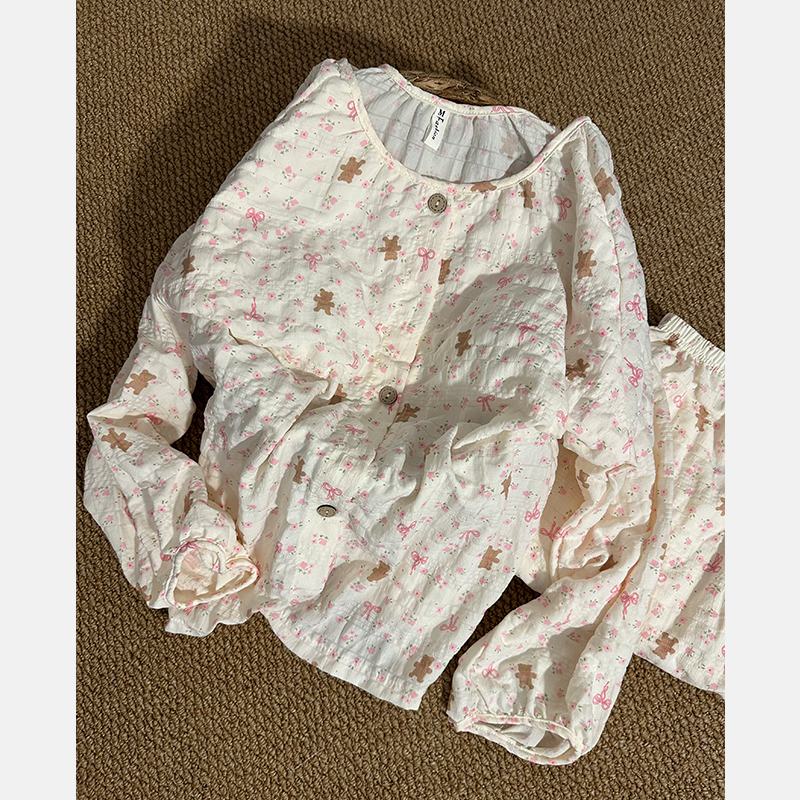 日系甜美碎花小熊长袖长裤睡衣