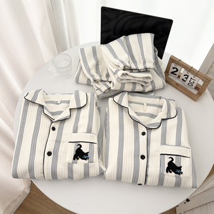 空气棉夹层男士睡衣秋冬季ins小黑猫卡通宽松加厚保暖家居服套装