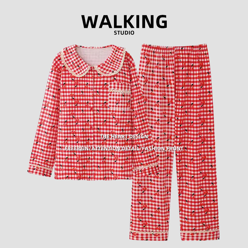 walking 日系动漫樱桃小丸子睡衣女秋纯棉开衫长袖少女学生家居服