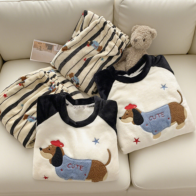 韩国腊肠小狗情侣睡衣一男一女秋冬加厚保暖法兰绒条纹套装家居服