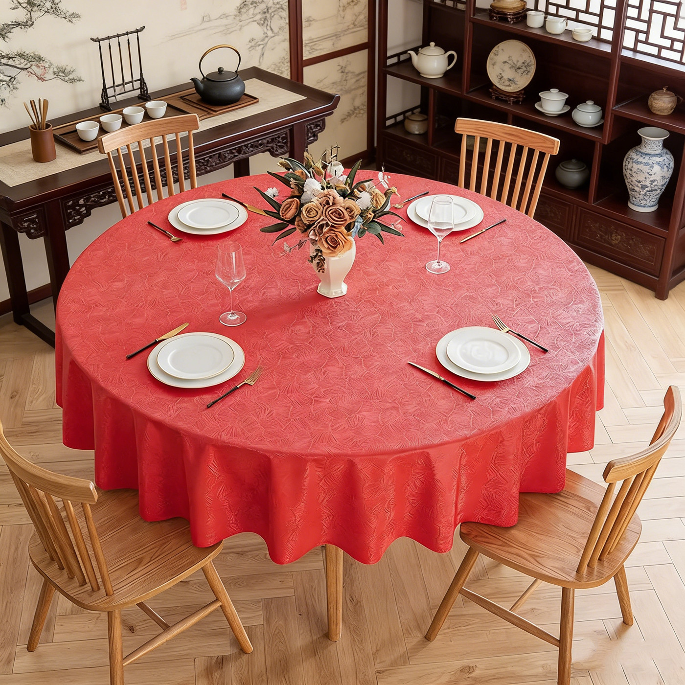 田园风酒店大圆桌布防水防油防烫免洗PU婚庆宴席商用耐脏圆形台布