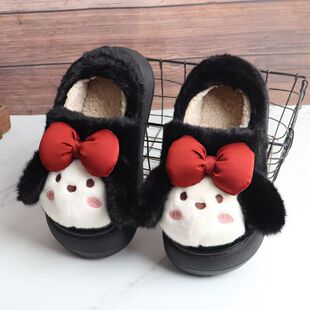 冬季加厚蝴蝶结棉鞋女生保暖新款可爱包跟卡通毛绒防滑棉拖鞋居家