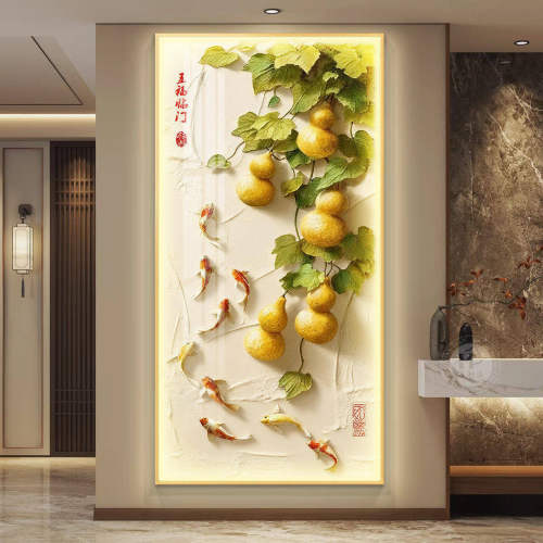 五福临门玄关装饰画入户正对门九鱼图走廊过道挂画肌理感带灯壁画