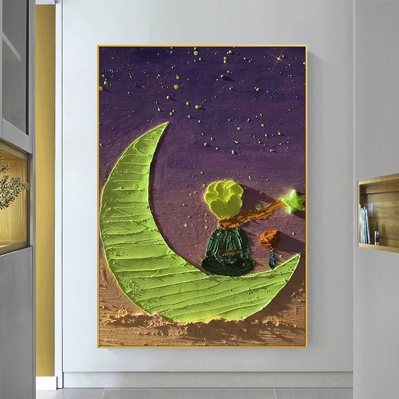 手绘油画小王子卡通儿童房书房装饰画玄关挂画客厅背景墙壁画轻奢