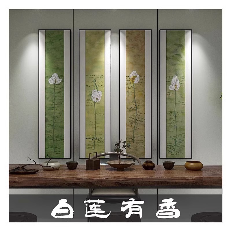 客厅茶室荷花禅意四联装饰画酒店书房背景墙新中式手绘肌理壁挂画图片