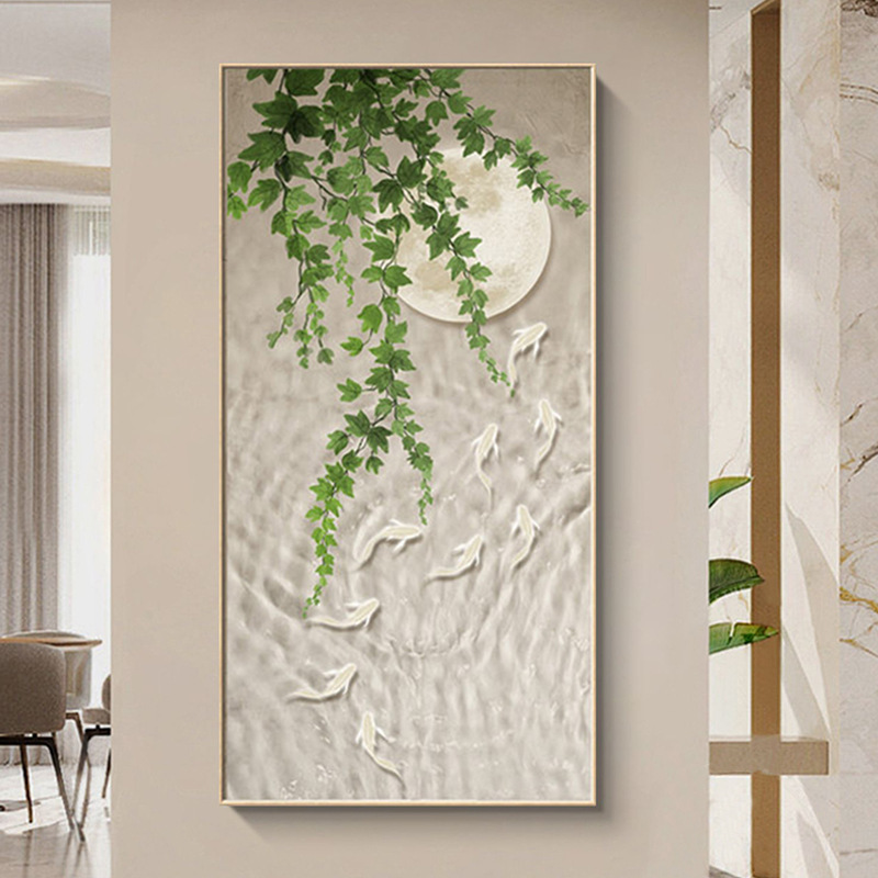 简约现代玄关装饰画九鱼图壁画走廊过道小清新绿植挂画客厅竖版画图片