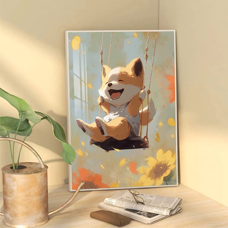 儿童房柴犬装饰画卧室背景墙挂画书房房间油画主卧客厅向日葵壁画图片
