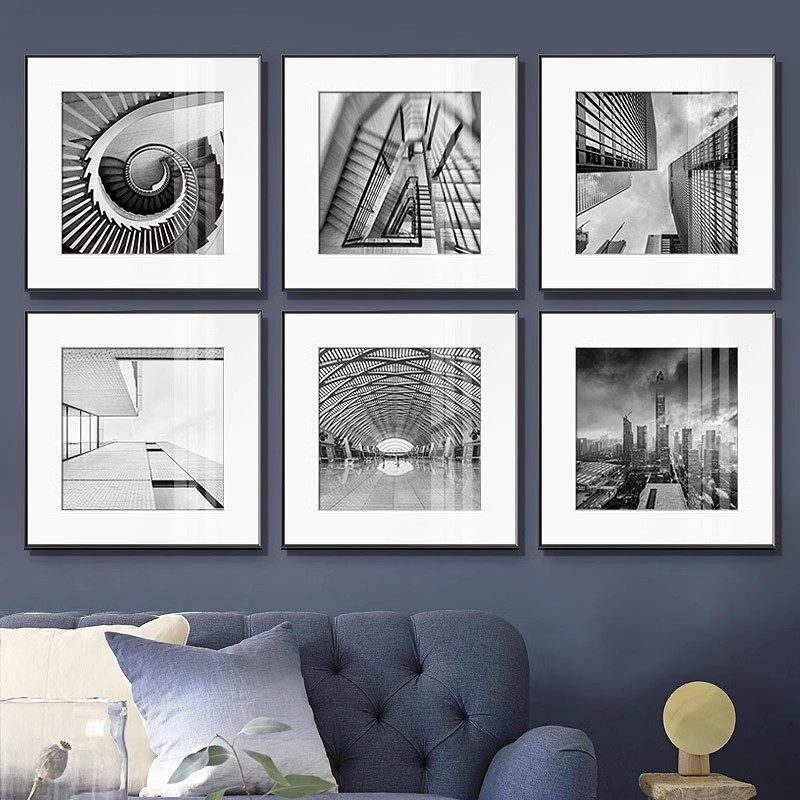 摄影照片挂画建筑正方形工业风装饰画客厅沙发背景玄关样板画油画图片