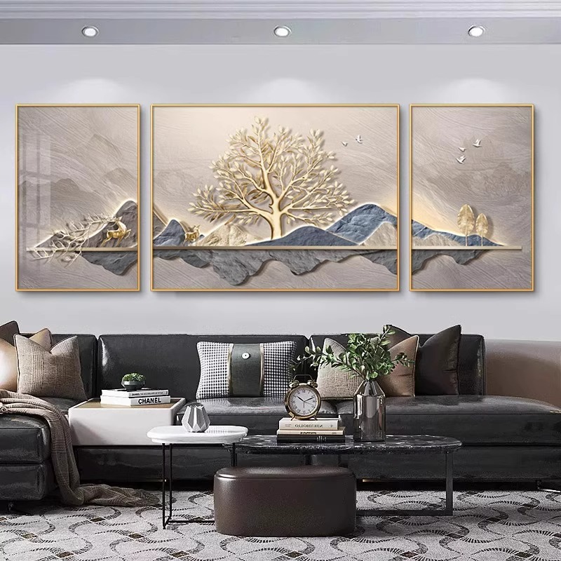 现代轻奢客厅三联装饰画大气沙发背景墙挂画高级感靠山福鹿壁画图片