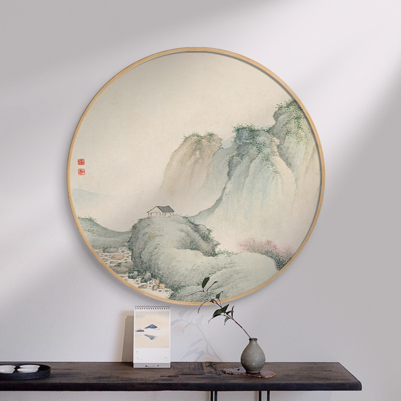 新中式装饰画客厅实木圆形挂画餐厅玄关过道书房水墨山水壁画国画图片