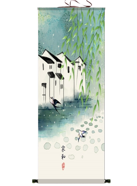 荷花图花鸟画卷轴画丝绸画绢画新中式轻奢挂画玄关装饰画鱼戏莲叶