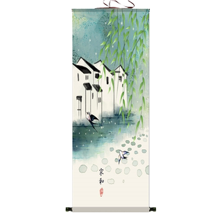 荷花图花鸟画卷轴画丝绸画绢画新中式轻奢挂画玄关装饰画鱼戏莲叶