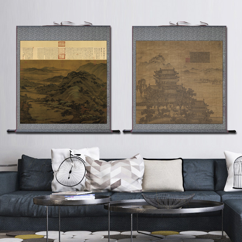 仿古挂画装饰画绢画古代名家山水画山羊图竹石图听琴图竖幅国画